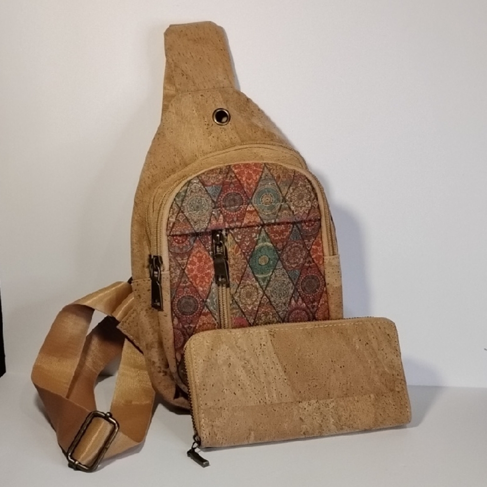 B-004 NWOT Elegant Tan Crossbody Sling Cork Bag with Matching Wallet